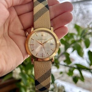Burberry Gold and Tan Checkered Watch